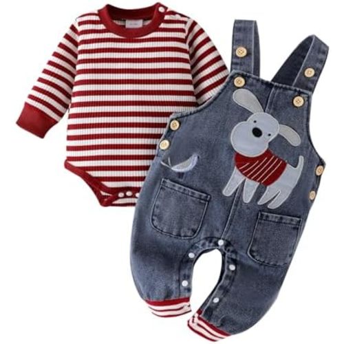 Baby Boy Clothes Fall Winter Outfits Long Sleeve Striped Romper Cute Cartoon Jeans Overalls Pants Set 0-18 Months