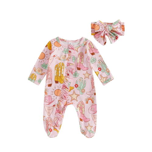 BemeyourBBs Newborn Baby Girls Western Cowgirl Outfits Ruffle Footed Romper Long Sleeve Boots Print Zipper Footie Jumpsuit Headband Spring Fall Winter Clothes
