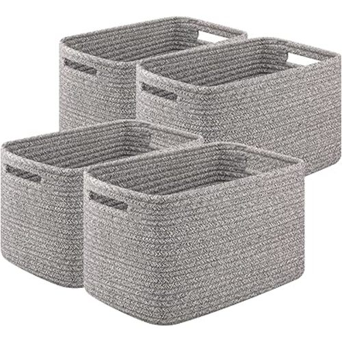 Storage Baskets for Organizing, Woven Decorative Baskets for Shelves - Books, Towels, and Clothes, Cotton Rope Toy Storage Bins, 12.7''Lx9''Wx7.8''H, Pack of 4, Grey