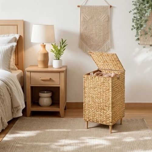 LEDREM 25 Gal. Laundry Hamper, Handwoven Water Hyacinth Wicker Laundry Basket with Lid, Removable Liner, Natural