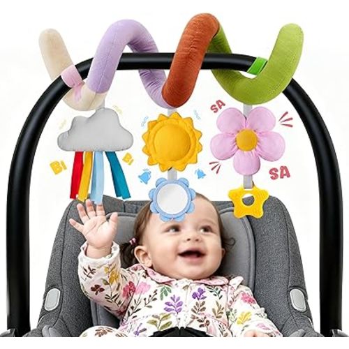 Stuffed Christmas Spiral Baby Car Seat Toys, Best Newborn Shower Gifts, Soft Infant Essentials Must Have Hanging Toys (Vibrant Nature)