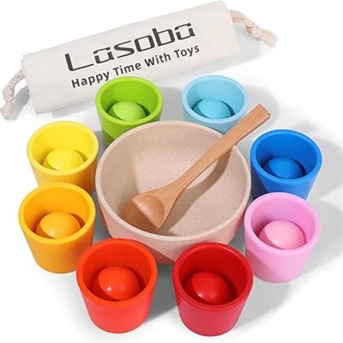 Rainbow Balls in Cups Toddler Montessori Toys - Color Sorting Toys for Toddlers for 3 Year Old Up, Learning Color Sorting and Counting, Kids Preschool Wooden Matching Games (8 Balls, 1.4 in)