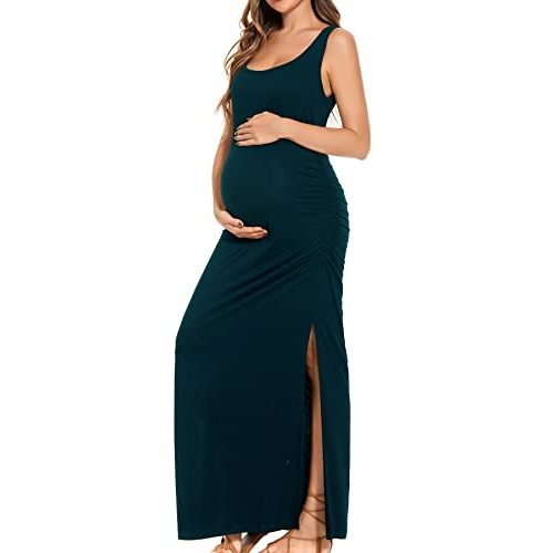 Smallshow Women's Split Long Maternity Dress | Sleeveless, Ruched, Pregnancy Clothes