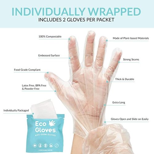 Eco Gloves Individually Wrapped Eco-Friendly Compostable Disposable Anti-Germ Gloves Latex Free, Powder Free, Plastic Free for Safety, Cleaning, Food, Pet Care | One Size Fits Most | Clear