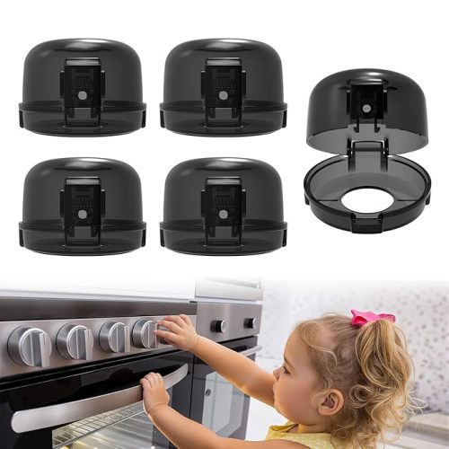Stove Knob Safety Covers - 5 Pack Heat Resistant Oven Knob Covers for Child Safety with 3M Strong Adhesive, Gas Stove Knob Covers with Dual-Button Locks & Visual Design, Black