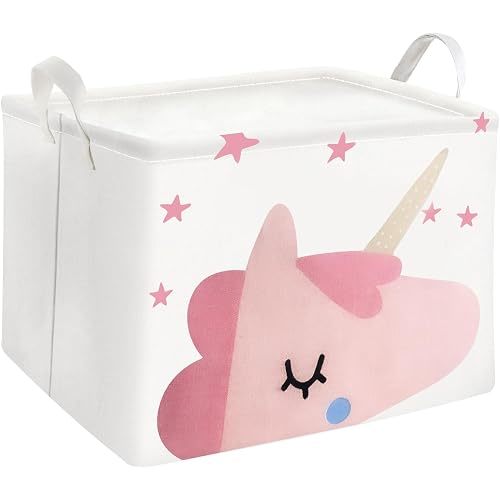 Mziart Cute Unicorn Pink Basket Empty, Rectangle Kids Storage Basket with Handles, Collapsible Nursery Baby Toy Basket for Boys Girls Room Decor, Canvas Storage Bin for Books, Clothes, Shelf, Gifts