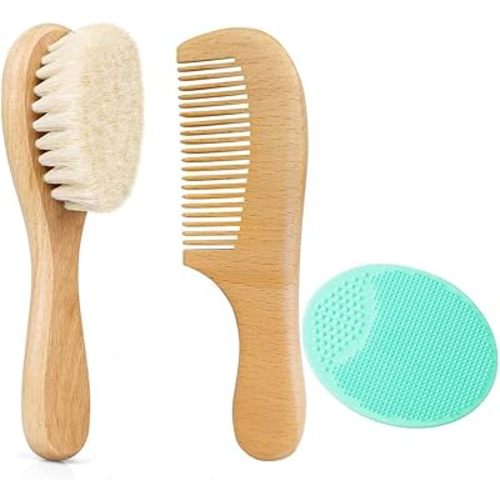 3 Pcs Baby Hair Brush Set with Natural Soft Goat Bristle & Wooden Handle | Gentle Newborn & Toddler Brush for Cradle Cap | Perfect Baby Registry Boys & Girls