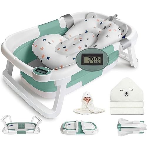 Baignoire pliable pour bébés et tout-petits, baignoire de voyage portable multifonction avec trou de drainage, baignoire pliable pour nouveau-né de 0 à 36 mois (bleu-vert + coussin de bain flottant pour bébé)
