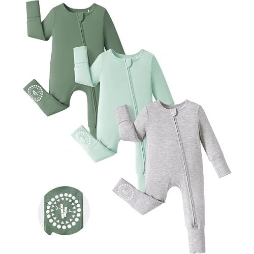 PATPAT Baby Footies Boys Girls - Bamboo Viscose - Zipper & Non-Slip Soles Romper Mitten - Footed & Footless Infant Clothes 0-3 MO