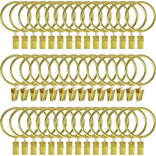 Gold Curtain Rings with Clips Hooks, 100Pcs 1.5 inch Metal Stainless Steel Drapery Rings Hanger Clips for Tension Rod Bracket Eyelets Decorative Hangers, Gold (1.5" Interior Diameter)