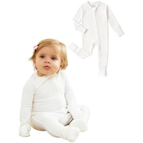 PATPAT Organic Cotton Baby Footie Pajamas with Two-Way Zipper & Fold-Over Mittens, Soft Stretchy Romper for Newborn Boy Girl
