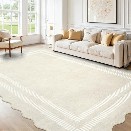 Washable 6x9 Area Rugs for Living Room, Solid Ivory Ultra-Thin Bedroom Rug Non-Slip Dining Room Rugs, Soft Scalloped Carpet for Nursery Kids Room Office