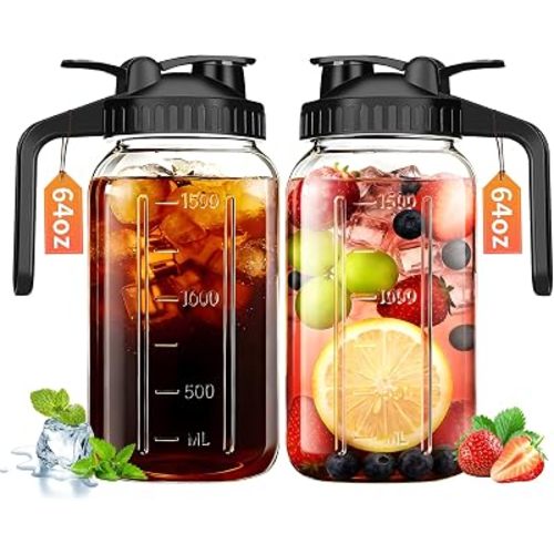 64oz Glass Pitcher with Lid & Spout – 2 Quart Mason Jars, Airtight & Leakproof Breastmilk Pitcher for Cold Brew Coffee, Sun Tea, Water, Juice – Wide Mouth, Fridge Safe