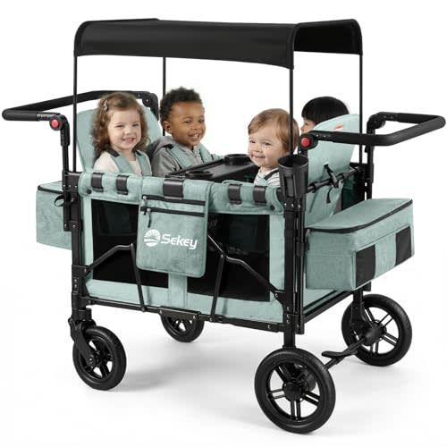 Sekey 4 Seater Stroller Wagon for Kids - Premium Quality with Convertible Seats, Adjustable Push Handles, Removable Canopy, Snack Tray & Cooler, US Certified.