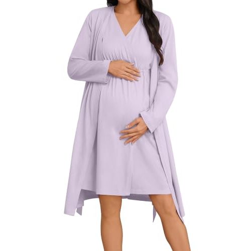 SWOMOG Women 100% Cotton Maternity Nursing Gown and Robe Set 3 in 1 Labor Postpartum Soft Nightgown for Breastfeeding