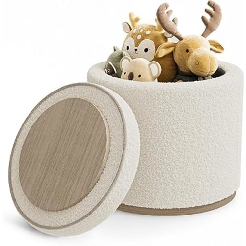 Round Ottoman with Storage, Ottoman Foot Rest, Boucle Small Ottoman, Foot Stool, Vanity Stool, Upholstered Sherpa Ottoman Support 250 lbs for Living Room, Bedroom, White