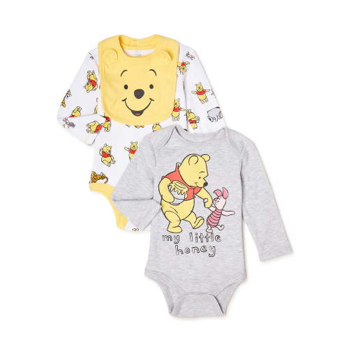 Disney Winnie the Pooh Baby Boy’s Long Sleeve Bodysuits and Bib, 2 Pack Sizes 0/3-24 Months