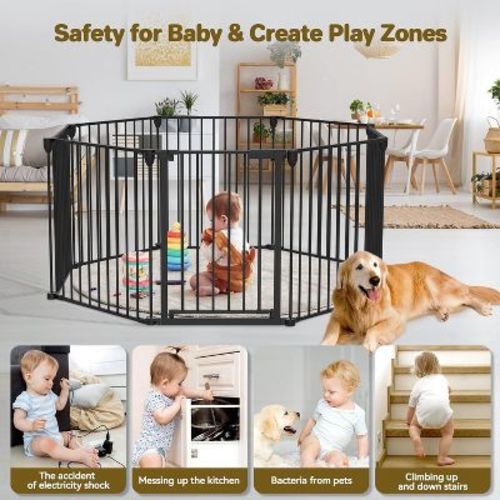 ELECWISH 8 Panels Black Foldable Baby Gate Playpen, Extra-Wide, Auto-Close Door, Double Locking System, 27.5"-199"