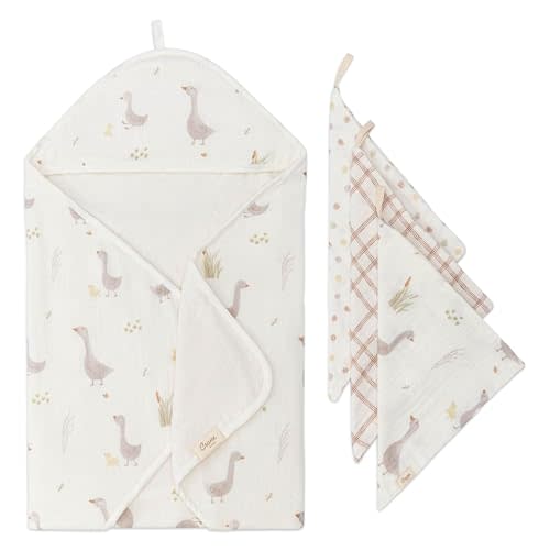Crane Baby Hooded Towel & Washcloth Set, Charlie Farmhouse Goose Hooded Baby Towels and Washcloths Set, Baby Bath Essentials, Washcloths for Newborn, Muslin Towel for Babies