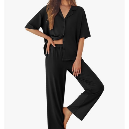 Ekouaer Women Pajamas Set Button Down Sleepwear Short Sleeve Pjs Soft Comfy Nightwear with Long Pants S-XXL