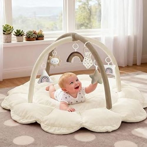 5-in-1 Thick & Plush Baby Play Gym, Baby Play Mats for Floor, Tummy Time Mat with 6 Toys, Convertible Stage-Based Developmental from Babies to Toddlers, Ball Pit, Brown