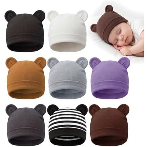 8 Pack Newborn Baby Hats with Bear Ears Infant Hats Preemie Hats Newborn Beanies Baby Hats 0-3 Months