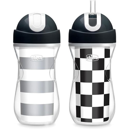 Chicco Double-Wall Insulated Flip-Top Sippy Cup with Silicone Straw and Spill-Free Lid 9oz.| Top-Rack Dishwasher Safe | Easy to Hold with Ergonomic Indents | Black/White/Silver, 2pk | 12+ months