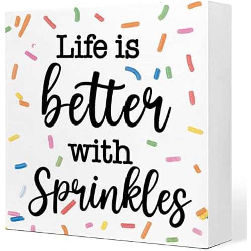 Life with Sprinkles Wooden Box Sign Bakery Decor, Dollhouse Room Decor, Funny Wood Block Sign for Bakery Nuresry Dollhouse Party Decorations