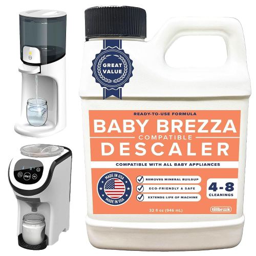 Descaler Compatible with Baby Brezza - 4 to 8 Uses - Descaler for Baby Bottle Dispensers & Washers - 32 oz Universal Cleaning Solution - Safe, All-Natural, Removes Mineral Buildup & Residue