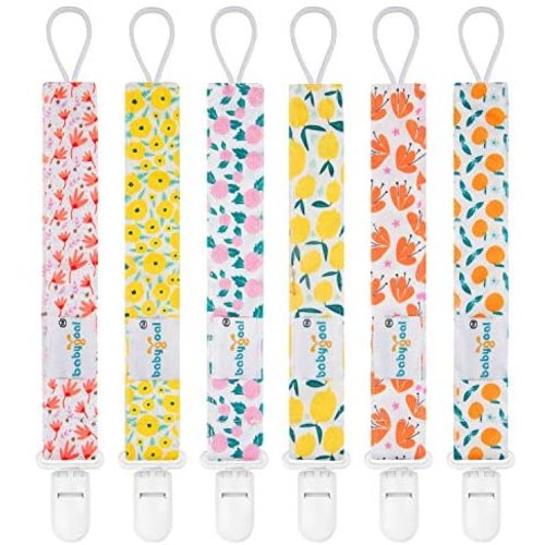 Babygoal Pacifier Clips for Girls, 6 Pack Pacifier Holder Fits Most Pacifier Styles &Teething Toys, Baby Gift for Boys and Girls 6PS14 - Plastic Clips - Lemon and orange