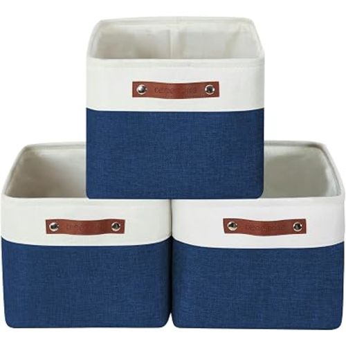 DECOMOMO Storage Bins, Extra Large Fabric Storage Baskets for Shelves, Decorative Linen Closet Organizer, 15.8 x 12.5 x 10 inches (Navy Blue & White, 3 Pack)