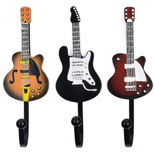 KUNGYO Vintage Guitar Shaped Decorative Hooks Rack Hangers for Hanging Clothes Coats Towels Keys Hats Metal Resin Hooks Wall Mounted Heavy Duty (3-Pack) (Guitar Hook-B)