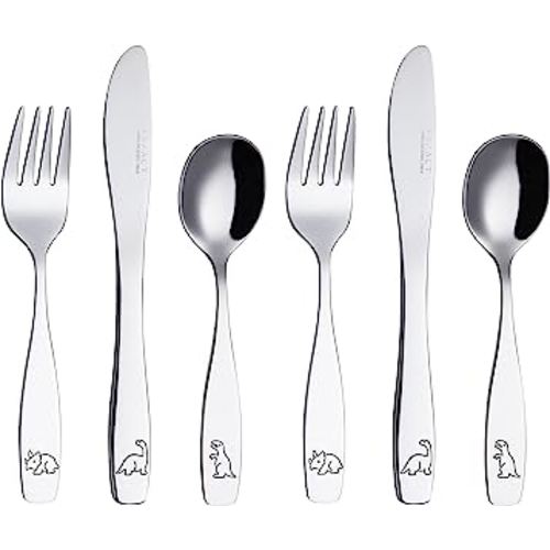 Exzact Kids Flatware 6 Pieces - Stainless Steel Silverware 2 x Forks, 2 x Safe Table Knives, 2 x Tablespoons - Child Toddler Utensils - Dinosaurs Engraved - Dishwasher Safe