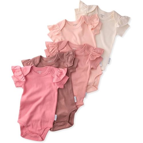 Butterblu Baby Girls' Rory 5-pack Short Sleeve Ruffle Shoulder Bodysuits 100% Organic Cotton for Baby Girls