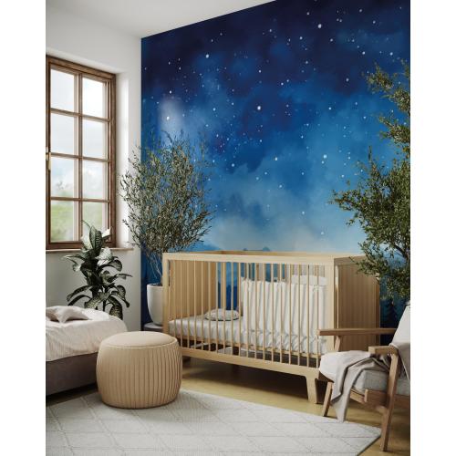 Starry Night Sky Celestial Nursery Wallpaper - Peel and Stick Galaxy Theme Kids Navy Blue Wall Mural - Stars & Mountain , Forest Baby Room