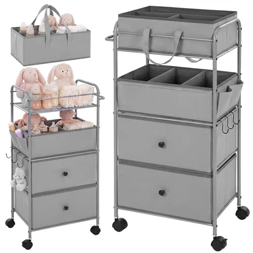 FoldTier 3In1 Baby Diaper Caddy Organizer Cart 4 Tier Large Capacity Metal Utility Bedside Rolling Cart with Divider Newborn Registry Nursery Essential Must Have Bedroom Gift Baby Shower(Gray)