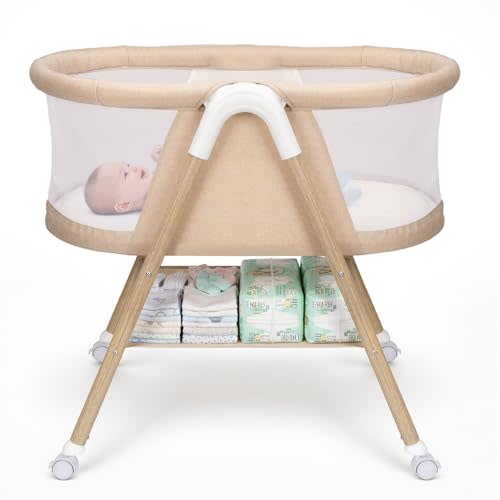 Uuoeebb Baby Bassinet, Upgrade Breathable Mesh Bedside Bassinet for Baby | Bassinet Bedside Sleeper with 360° Silent Wheels, Stable Bedside Crib, Storage Tray Basket, Easy Move, Easy to Install, Khaki