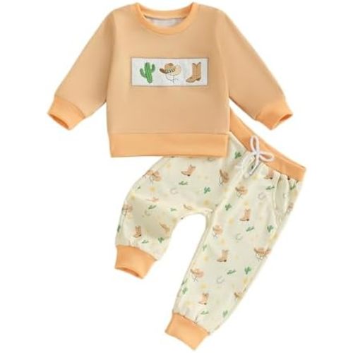 Toddler Western Baby Boy Clothes Long Sleeve Cactus Cowboy Hat Boots Print Sweatshirt Pants Set Fall Winter Outfit