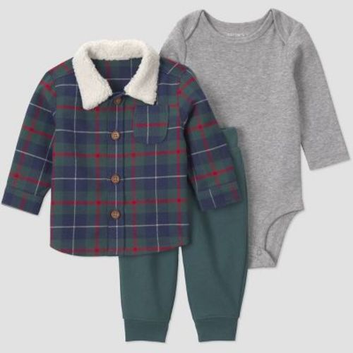 Carter's Just One You® Baby Boys' 3pc Plaid Shacket, Long Sleeve Bodysuit and Joggers Set - Green/Navy 9M