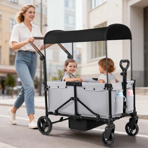 Tripland Wagon Stroller for Kids, 2-Seater All-Terrain Wagon with Canopy,Pull & Push Handle,Gray