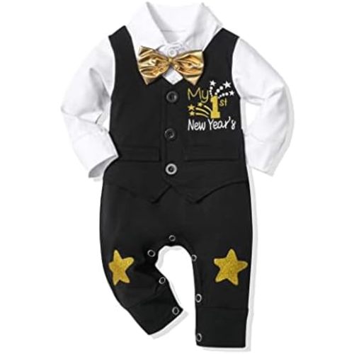 AGAPENG Baby Boy New Year Outfit Happy New Year 2025 My 1st New Year Gentleman Romper Long Sleeve Jumpsuit with Bow Tie