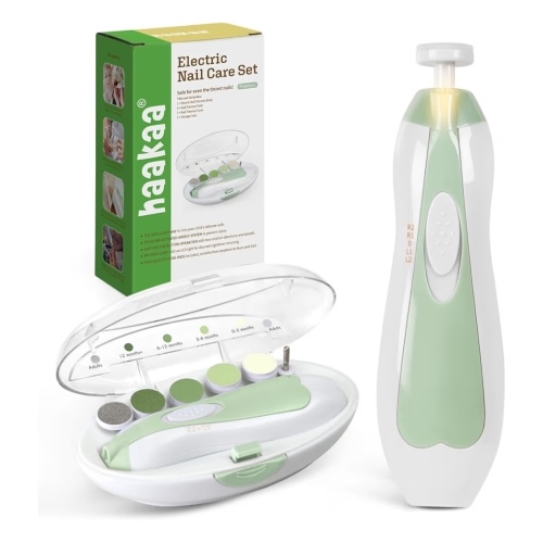 haakaa Baby Nail File Electric Baby Nail Care Set with LED Light, Baby Nail Clippers for Newborn/Infants/Adults Toenails and Fingernails, 6 Replacement Heads & Storage Case, Green