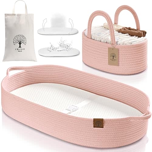 J&JOO Baby Changing Basket includes Diaper Caddy - Breathable & Waterproof Dual-Cover, Portable, Changing Pad for Dresser & Changing Table, Gift for Baby Shower, Cotton Rope Basket for Baby
