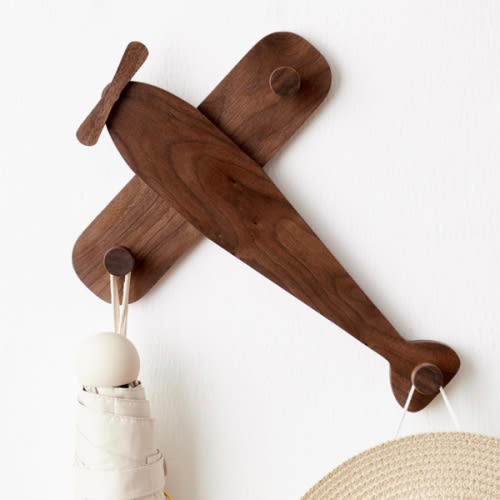 Kids Coat Rack Wall Mount, Airplane-Shaped Wooden Wall Coat Hooks for Kids, Cute Walnut Coat Hanger Heavy Duty for Bathrooms, Door, Entryway, Kids Room, or Nursery