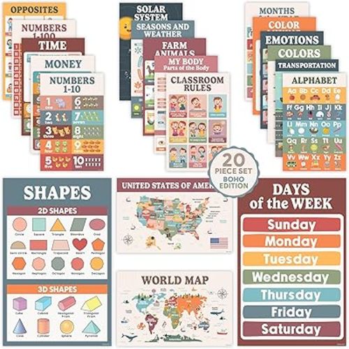 Decorably 20 Boho Learning Posters for Kids Ages 3-5, 11x17in Educational Matte-Laminated for Classrooms, Homeschool, School Hallways, Bulletin Boards