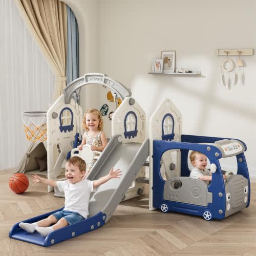 BIERUM 5-in-1 Bus Themed Toddler Slide Swing Set for Kid 1-3 Home/Backyard | HDPE Material, ASTM Certified, Supports 120 lbs, Toddler Climber Playset with Bus Playnouse, Swing, Stairs, Hoop, Blue&Gray