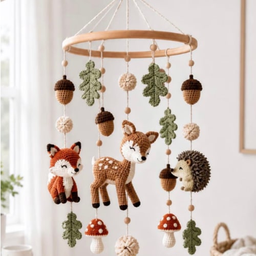 Woodland Crochet Baby Mobile, Fox Deer Hedgehog Nursery Mobile, Forest Animal Crib Mobile, Handmade Baby Shower Gift, Neutral Nursery Decor