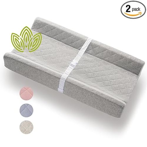 Organic Cotton Contoured Baby Changing Pad w/Waterproof Foam Mattress, Includes Soft, Removable & Washable Cover, Safety Strap, Non-Slip Bottom, Topper for Standard Size Infant Diaper Table & Dresser