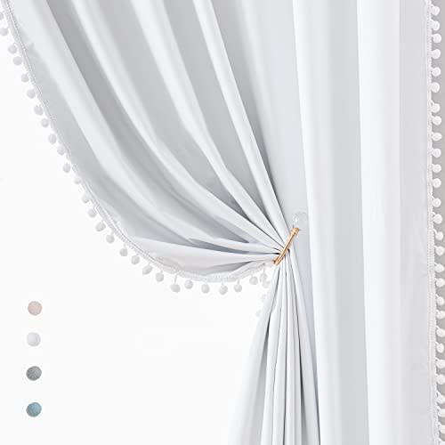 Treatmentex White Blackout Curtains for Living Room Bedroom 84inch Long Pom Pom Curtain Panels for Windows Thermal Insulated Curtains for Kids Nursery Room Rod Pocket 52" W x 2pcs