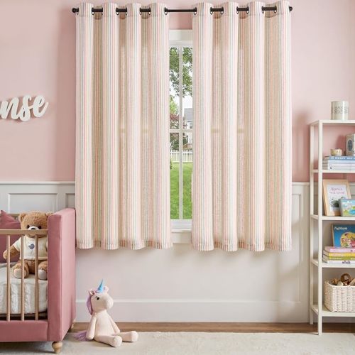 jinchan Linen Curtains for Living Room Candy Striped Curtains 63 inch Length for Baby Girls Kids Room, Ticking Stripe Pattern Light Filtering Nursery Drapes, Grommet Window Treatments, 2 Panels Candy